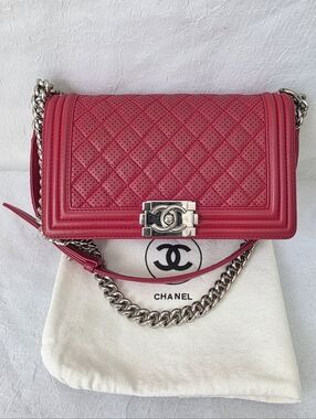 Auth Chanel Boy Perforated Lambskin Quilted Flap Shoulder Bag